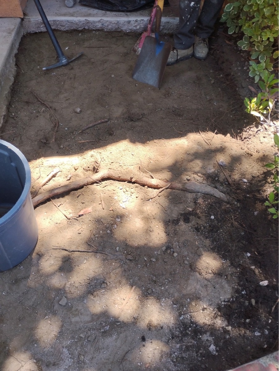 Removed sidewalk slab area with exposed sub-base and hand tools during preparation